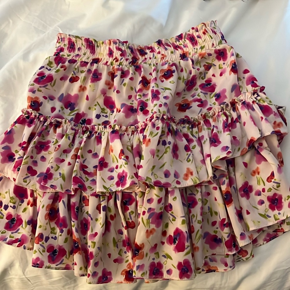 Misa Los Angeles pink floral tiered mini skirt